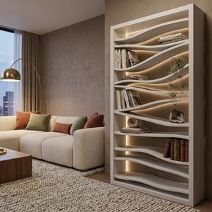 Puede incluir: Salón moderno con una estantería blanca con estantes ondulados, iluminada por una cálida iluminación. Los estantes exhiben libros y objetos decorativos. Un sofá seccional beige con cojines coloridos se encuentra frente a una gran ventana.
