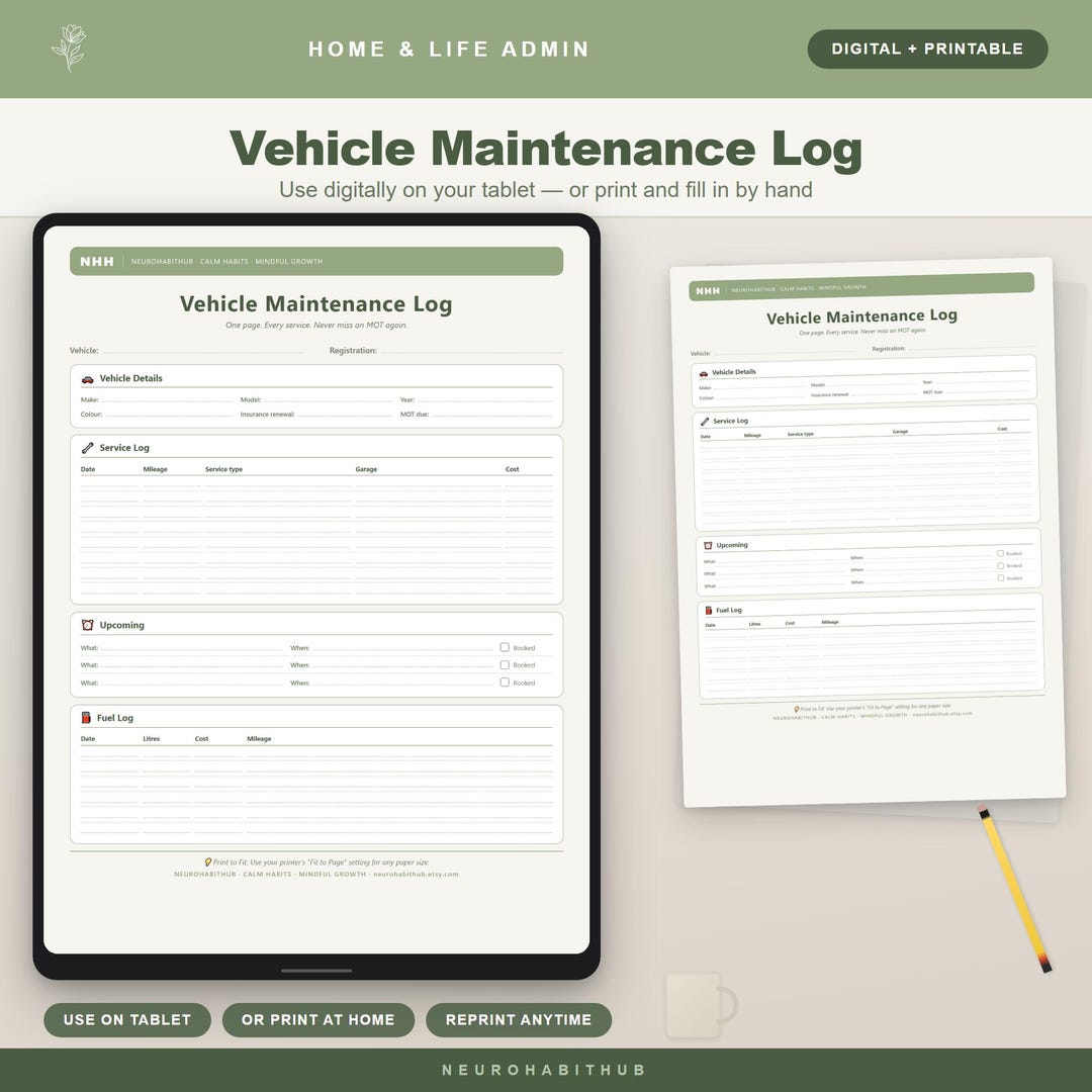 Vehicle Maintenance Log Printable, Car Service Log, MOT Tracker, ADHD ...