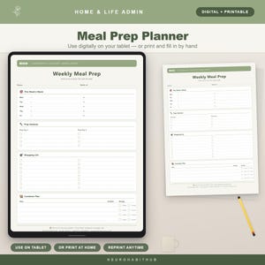 Könnte beinhalten: Ein digitaler und druckbarer Essensplaner in Grün und Weiß. Der Planer enthält Abschnitte für die wöchentliche Essensvorbereitung, Vorbereitungssitzungen, eine Einkaufsliste und einen Behälterplan. Der Text "Weekly Meal Prep" ist prominent dargestellt.