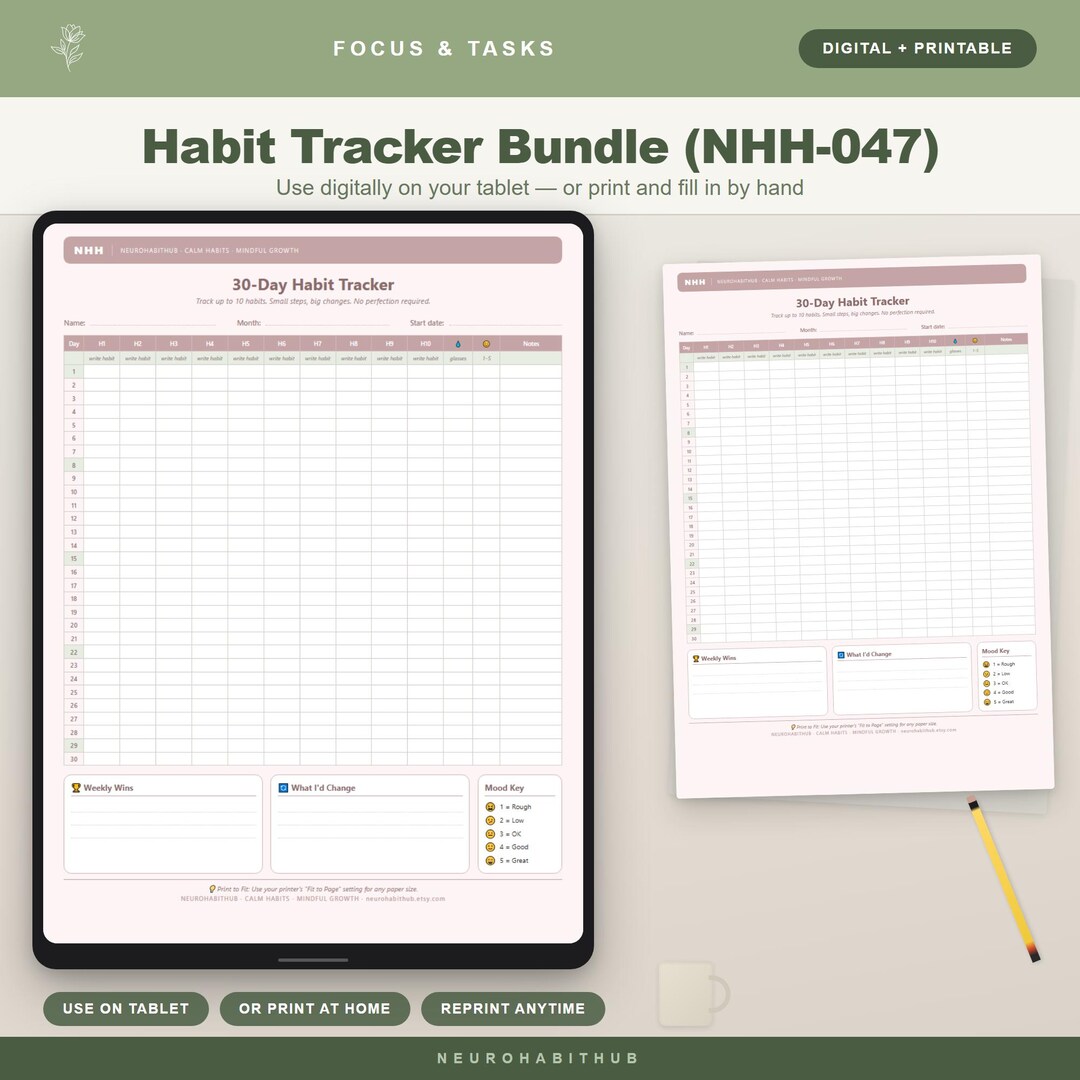 ADHD Habit Tracker Printable Bundle in Dusty Rose, Daily Weekly Monthly ...