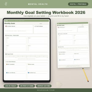 Op de afbeelding: Een digitale en afdrukbare maandelijkse doelstellingswerkboek voor 2026. Het werkboek wordt weergegeven op een tablet en een afgedrukte pagina. Het ontwerp bevat secties voor maandelijkse doelen, wekelijkse uitsplitsingen en voortgangsregistratie. De tekst bevat "Mental Health" en "NeurohabitHub".