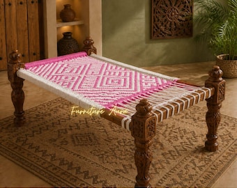Hand Carved Wooden Charpai Bed Pink White Woven Rope Traditional Indian Daybed Handmade Rustic Furniture