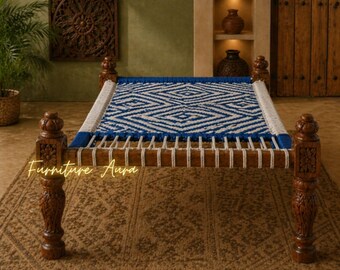 Blue White Woven Wooden Charpai Bed Hand Carved Indian Daybed Rope Cot Rustic Teak Furniture