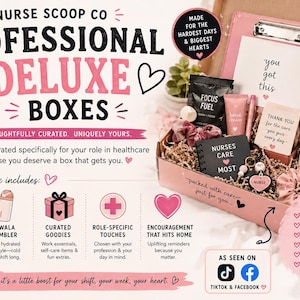 May include: A Nurse Scoop Co Professional Deluxe Box containing a pink clipboard, a white and pink Owala tumbler, a black notebook labelled Nurses Care Most, a Focus Fuel packet, hand cream, a keychain, and pink scrunchies inside a cardboard box.