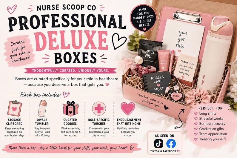 Peut inclure: Une bo&icirc;te Nurse Scoop Co Professional Deluxe contenant un presse-papier rose, un gobelet Owala blanc et rose, un carnet noir marqu&eacute; Nurses Care Most, un sachet Focus Fuel, de la cr&egrave;me pour les mains, un porte-cl&eacute;s et des chouchous roses.