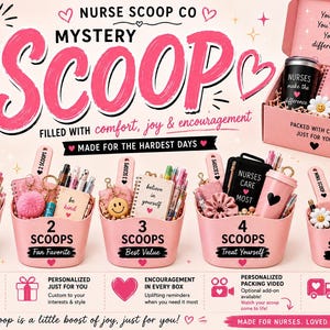 May include: A Nurse Scoop Co mystery box set featuring five pink containers filled with stationery, tumblers, and accessories. Each container is labeled with scoop counts from mini to four, displaying text like 'keep going', 'be kind', and 'believe in yourself'.