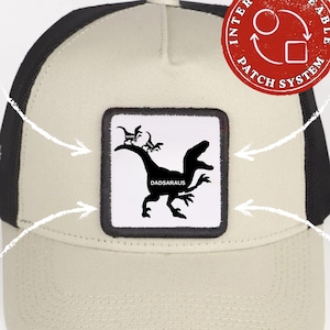 Cappello personalizzato con toppa Dadsaurus, berretto da camionista con toppa rimovibile con velcro, regalo personalizzato per papà con dinosauro, cappello da papà con nome per bambini per uomo