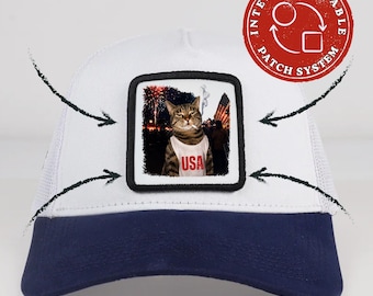 Chapeau à écusson chat patriotique, casquette de camionneur et casquette de baseball chat des États-Unis, casquette à écusson amovible feu d'artifice du 4 juillet