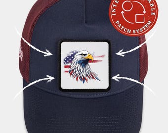 Casquette trucker drapeau américain écusson aigle, casquette patriotique pygargue à tête blanche, chapeau patch velcro fierté USA, cadeau 4 juillet pour homme