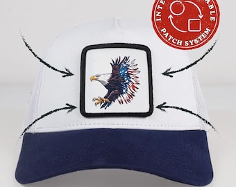 Casquette trucker écusson drapeau américain aigle, casquette pygargue à tête blanche patriotique, chapeau avec écusson velcro USA, cadeau casquette écusson interchangeable
