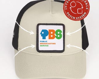 Casquette trucker avec écusson logo PBS, Casquette inspirée d'un service de radiodiffusion publique, Casquette avec écusson pour télévision rétro, Casquette avec écusson velcro interchangeable