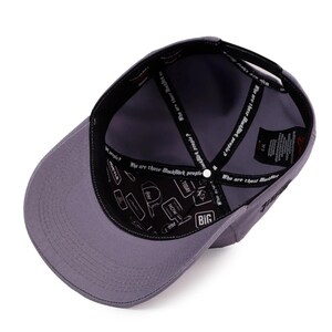 May include: A grey baseball cap shown from an interior perspective. The inner lining features black fabric tape printed with the text "Who are those BlackBirk people?" and a pattern of various rectangular icons containing words like "BIG" and "NOW".