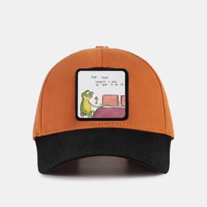 May include: A baseball cap with a burnt orange crown and a black brim. The cap features a square patch with a cartoon frog at a desk with the text "Start small, complete a task on your to-do list."