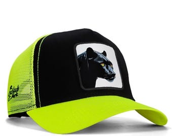 Casquette trucker panthère noire, casquette en filet jaune fluo, snapback avec patch animal, casquette de baseball animal sauvage, cadeau plein air audacieux, chapeau élégant pour homme femme