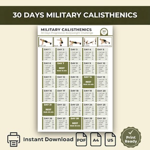 Puede incluir: Un plan de entrenamiento de calistenia militar de 30 días imprimible. El gráfico verde y blanco detalla los ejercicios diarios, incluyendo flexiones, sentadillas, planchas y burpees. El plan está diseñado para el entrenamiento progresivo con peso corporal.