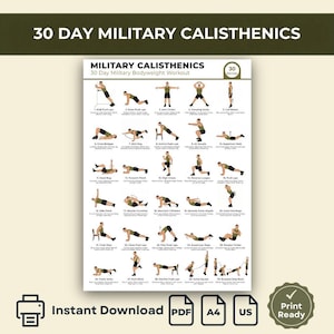 Op de afbeelding: Een witte poster met de tekst "30 DAY MILITARY CALISTHENICS" bovenaan. De poster bevat illustraties van 30 verschillende lichaamsgewichtoefeningen. De onderkant van de poster bevat de tekst "Instant Download PDF A4 US Print Ready."