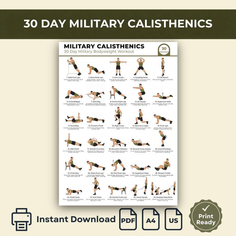 Military Calisthenics Workout, 30 Exercise Bodyweight Chart Printable ...