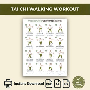 Puede incluir: Una guía imprimible de entrenamiento de Tai Chi Walking para personas mayores. El gráfico verde y blanco presenta pasos de ejercicios ilustrados con instrucciones. El texto en la parte superior dice "Tai Chi Walking Workout for Seniors".
