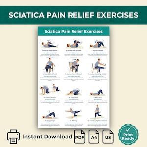 Op de afbeelding: Een poster getiteld "Sciatica Pijnverlichtingsoefeningen" met 12 geïllustreerde oefeningen. Instructies worden gegeven voor elke oefening, zoals Knie naar Borst. De poster is direct te downloaden in PDF-formaat en is printklaar.