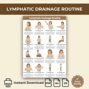 May include: A printable guide titled "Lymphatic Drainage Routine" with illustrations demonstrating various massage techniques. The guide includes text instructions and is available for instant download in PDF format, ready to print on A4 or US letter paper.