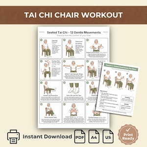 Könnte beinhalten: Eine druckbare Anleitung für ein Tai-Chi-Stuhltraining. Die Anleitung enthält Illustrationen von 12 sanften Bewegungen mit dem Text "Seated Tai Chi - 12 Gentle Movements". Enthält Symbole für "Sofort-Download" und "Druckfertig".