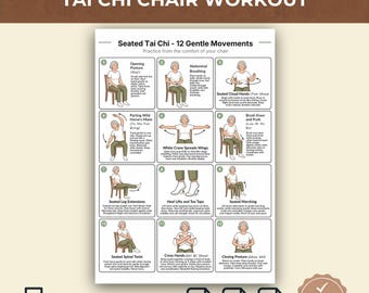 Póster de ejercicios de Tai Chi sentado en silla, tabla de ejercicios con 12 movimientos para imprimir, Tai Chi en silla para personas mayores, decoración de pared para el hogar, imprimible para personas mayores