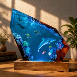 May include: A decorative resin lamp featuring an underwater scene with a dolphin, sea turtles, and divers. The lamp has a wooden base and a blue, ocean-themed design. The lamp is approximately 10 inches tall.