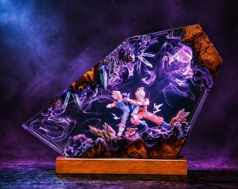 Goku vs Majin Vegeta Resin Lamp, Dragon Ball Z Diorama, Handcrafted Anime Night Light, Super Saiyan Wood & Epoxy Art, Gamer Gift for Him