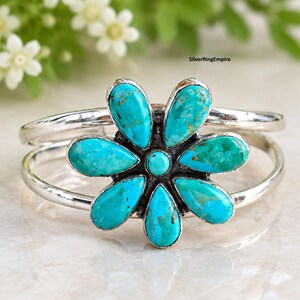 Kingman Arizona turkos blommigt manschettarmband, minimalistiska smycken, festarmband, unisex manschettarmband, vintagesmycken, present till henne