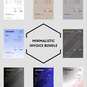 Könnte beinhalten: Eine Sammlung minimalistischer Rechnungsvorlagen in verschiedenen Farbschemata, darunter Weiß, Beige, Grau, Blau und Rosa. Jede Rechnung zeigt ein Logo und das Wort „INVOICE“ oben.