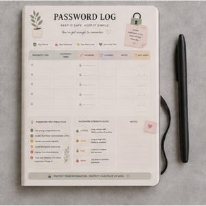 Könnte beinhalten: Ein Passwort-Logbuch mit einem schwarzen Stift. Das Notizbuch hat einen cremefarbenen Einband mit den Worten "PASSWORD LOG" und "KEEP IT SAFE, KEEP IT SIMPLE". Es enthält Abschnitte für Website/App, Benutzername/E-Mail, Passwort, Kategorie, Notizen und sicher hinzugefügt.