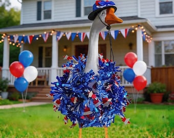 Porch Goose Outfit, Independence Day Themed Porch Goose Outfit Set, Blue Tinsel Wreath & Hat, American Independence Day Goose Outfit