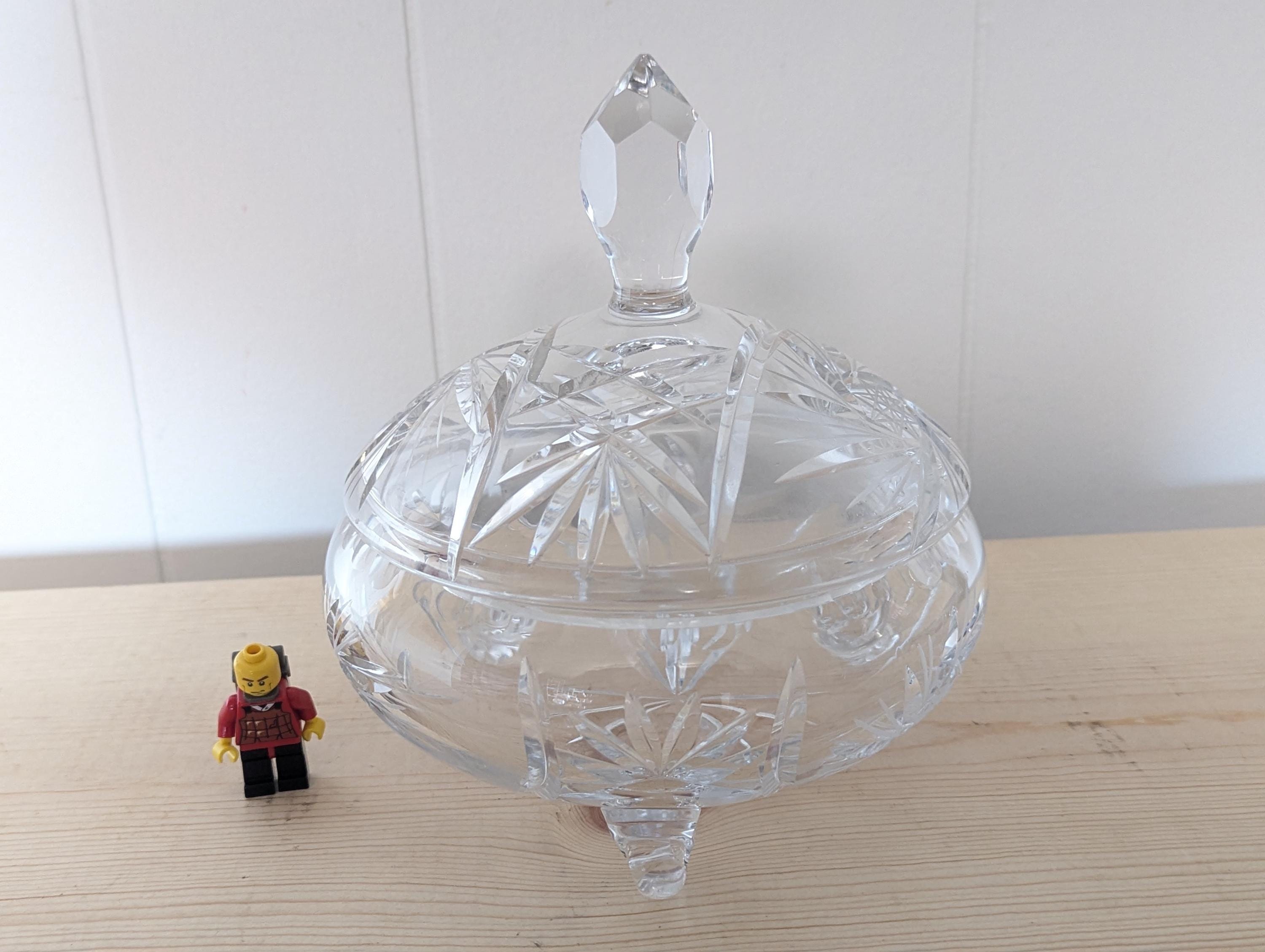 American Brilliant Starburst Cut Crystal Candy Dish with Lid  and 3 Feet