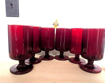 Ruby Glass Pedestal Glasses Set of 6 Mid Century Barware