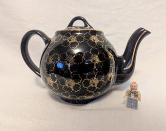 Hall Teapot Cobalt Blue Gold Trim French Flower Pattern