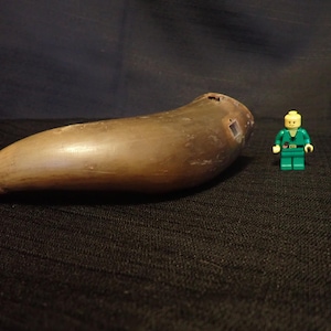 May include: A brown, horn-shaped object with a smooth surface and a few small holes. A small Lego figure in green and yellow stands next to the horn, providing scale. The horn appears to be made of wood or a similar material.