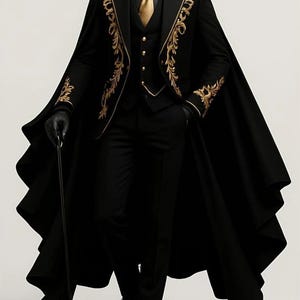May include: A black suit with gold embroidery, a matching waistcoat, and a cape. The outfit includes a gold tie and a black shirt. The mannequin is holding a cane and wearing black gloves and shoes. The outfit is displayed on a white background.