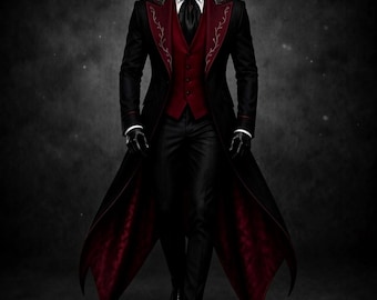 May include: A black long coat with a deep red interior lining and embroidered lapels, worn over a matching red vest, white dress shirt, black tie, and black trousers. The ensemble features a structured silhouette with pointed coat tails.