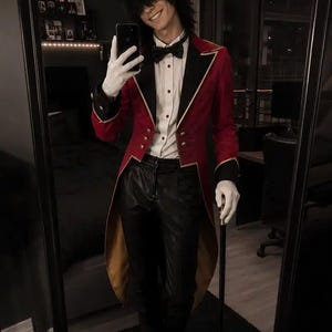Traje de frac de maestro de ceremonias de primera calidad para hombre / Disfraz de cosplay de abrigo largo de maestro de ceremonias / Pantalones de lana de élite estilo Regencia con forro dorado.