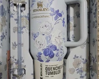 40oz Blue Floral Insulated Tumbler with Handle, Straw, Lid, Box