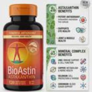 May include: A black bottle with an orange lid and a red and orange label. The label reads "BioAstin Astaxanthin" and "Powerful Antioxidant". The bottle contains 120 capsules. Additional text on the right side of the bottle describes the benefits of Astaxanthin and a mineral complex.
