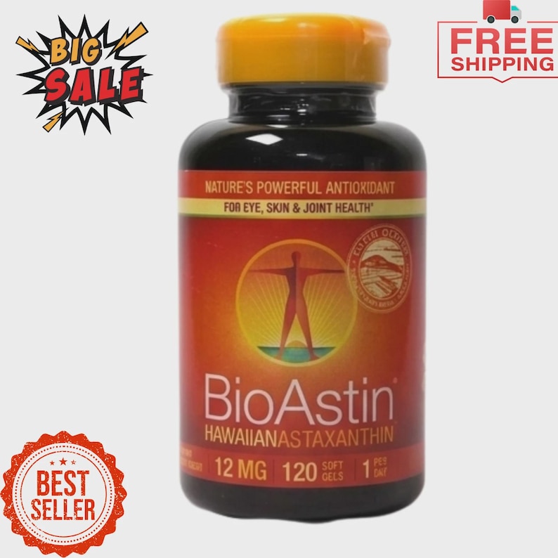 May include: A dark brown bottle of BioAstin Hawaiian Astaxanthin supplements. The label features text including "Nature's Powerful Antioxidant" and "12 MG 120 Soft Gels". The bottle has a yellow cap and is set against a light background. The image includes "Big Sale", "Best Seller", and "Free Shipping" graphics.