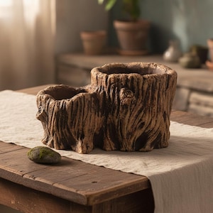 May include: A dual-chambered planter crafted to resemble a weathered tree stump with textured brown bark detailing. The planter features two distinct hollow openings for plants, showcasing a realistic wood grain finish and organic, uneven edges.