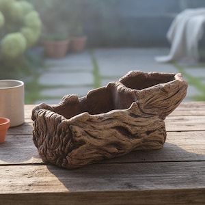 May include: A brown, textured planter shaped like a hollowed-out log with a rough, bark-like exterior. The elongated vessel features two distinct interior compartments for planting, with a weathered, organic appearance and a dark brown finish.