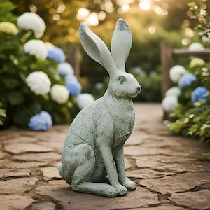 Op de afbeelding: Een zittend konijn tuinbeeld met lange oren en een verweerde groene afwerking. De sculptuur staat op een stenen pad, met een tuinachtergrond met blauwe en witte hortensia's en een houten hek.