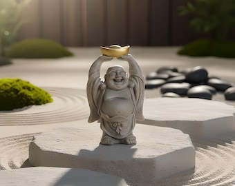 Glad Buddha Skulptur Zen Trädgårdsdekor Cement Leende Figur Utomhus Japansk Ornament Trädgårdskonst