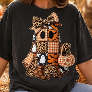 Patchwork Ghost PNG, Leopard Coquette Rosett, Halloween Sublimeringsdesign Digital Nedladdning
