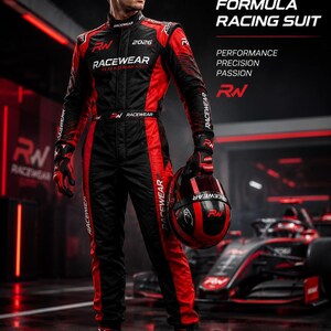 May include: A black and red Formula racing suit with matching gloves and shoes. The suit features the text 2026 FORMULA RACING SUIT, PERFORMANCE PRECISION PASSION, and the logo RN RACEWEAR. A black and red helmet is held in one hand.