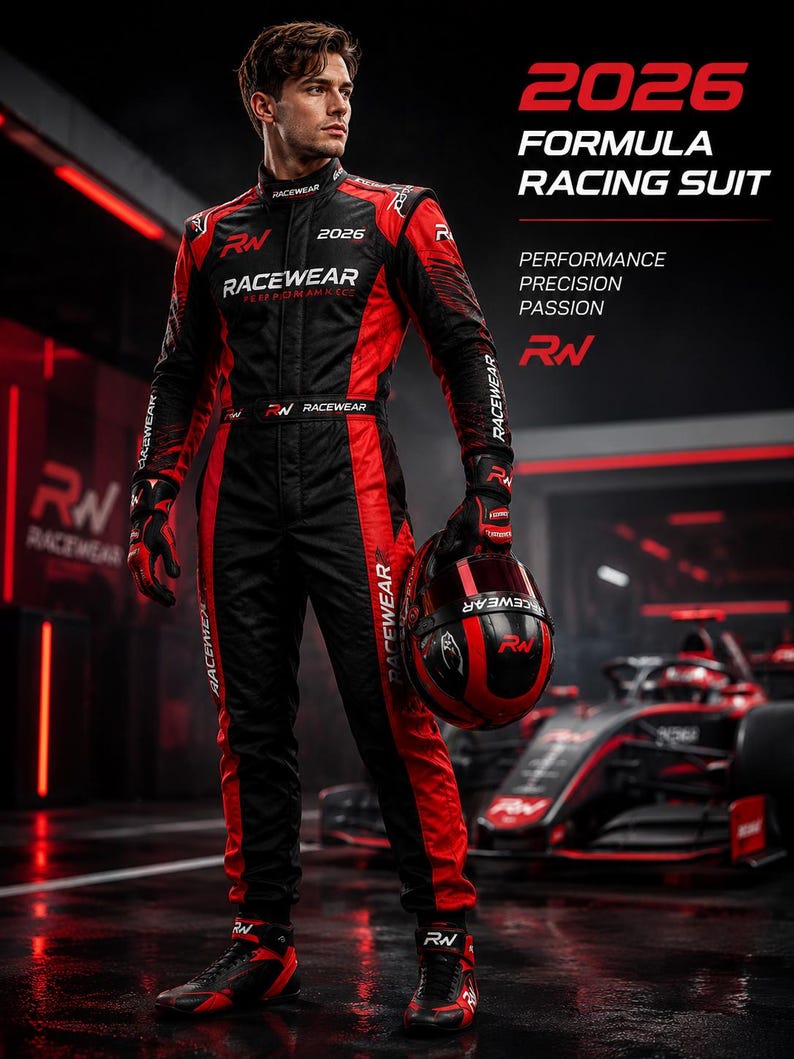 May include: A black and red Formula racing suit with matching gloves and shoes. The suit features the text 2026 FORMULA RACING SUIT, PERFORMANCE PRECISION PASSION, and the logo RN RACEWEAR. A black and red helmet is held in one hand.
