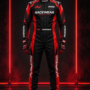 May include: A black and red racing suit featuring the text RN, 2026, and RACEWEAR PERFORMANCE on the chest, with RACEWEAR printed on the sleeves and legs. The suit includes matching black and red gloves and high-top racing shoes with RN branding.
